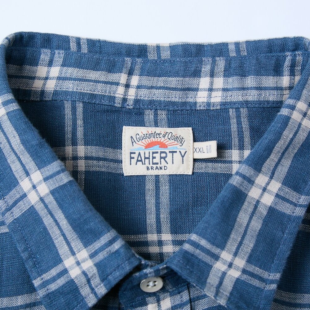 Faherty Laguna 100% Linen Nightfall Plaid Button Down Blue Shirt XXL - Picture 4 of 14